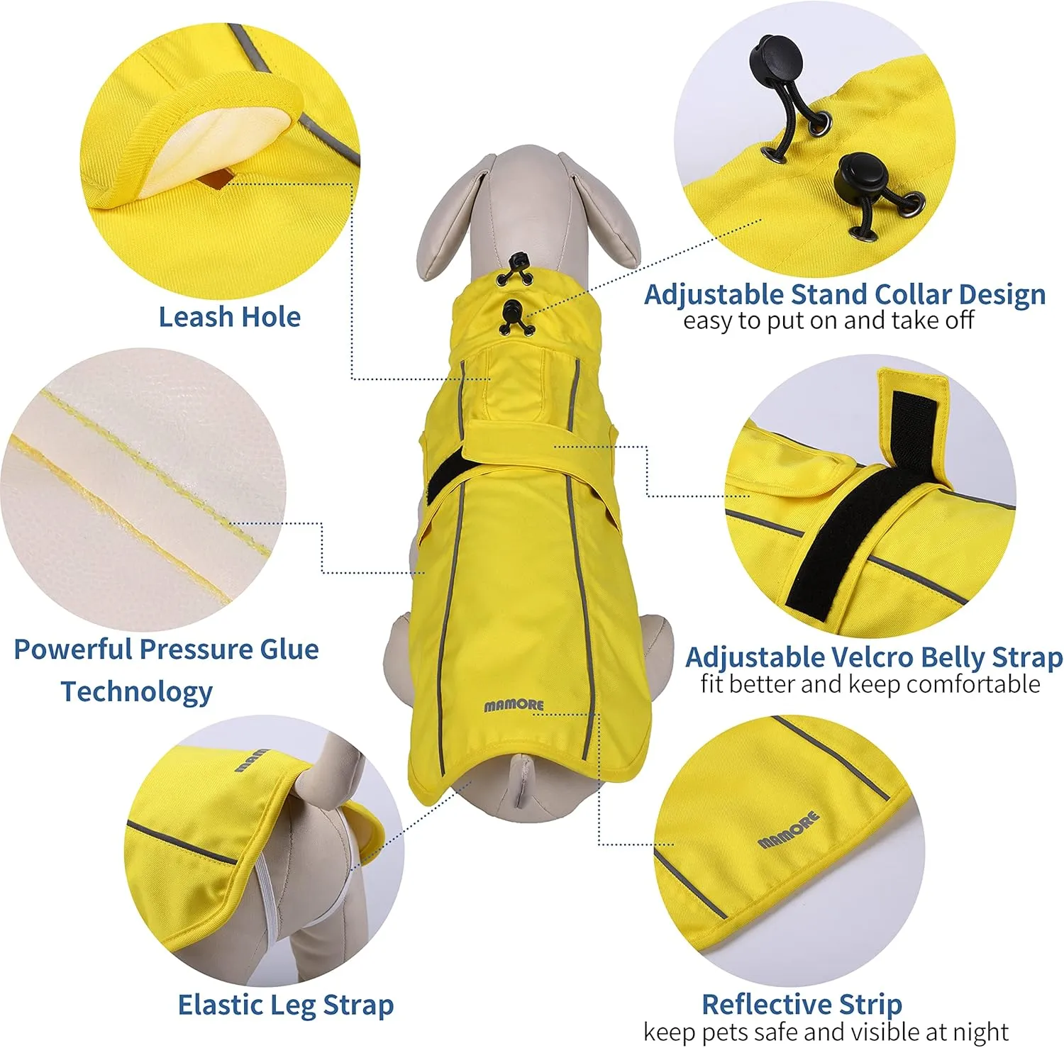 Waterproof Dog Raincoat with Reflective Strip, Adjustable Breathable Rain Coat Jacket with Leash Hole for Dogs (Yellow, X-Small)
