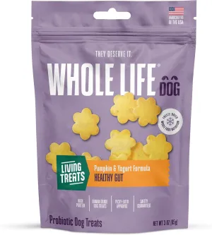 Whole Life Dog Living Treats for Dogs  Human Grade Probiotics for Digestive & Gut Health, Canine Gas, Diarrhea, Vomit & Constipation Relief - Pumpkin, 3 oz (Pack of 1)