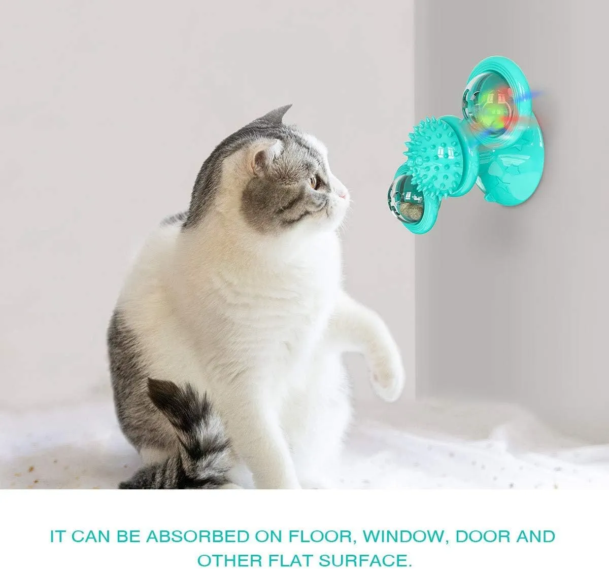 Windmill Cat Toy with Catnip, Interactive Cat Spinning Toys with Suction Cup Kitten Turntable Massage Toy for Indoor Cats (Blue)