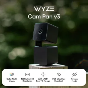 WYZE Cam Pan v3 Indoor/Outdoor IP65 1080P 360 Pan/Tilt/Zoom Wi-Fi Smart Home Security Camera with Motion Tracking for Baby & Pet, Color Night Vision, Works with Alexa & Google Assistant, Black
