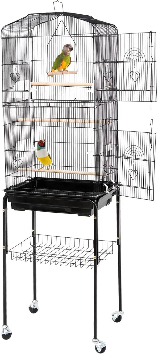ZENY 63.38 Inch Bird Cage, Rolling Wrought Iron Parrot Cage with Side-Out Tray, Storage Shelf, Pet Bird House for Parrot Cockatiel Cockatoo Parakeet Macaw Finches