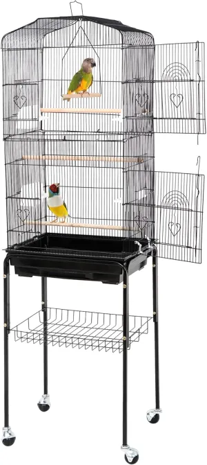 ZENY 63.38 Inch Bird Cage, Rolling Wrought Iron Parrot Cage with Side-Out Tray, Storage Shelf, Pet Bird House for Parrot Cockatiel Cockatoo Parakeet Macaw Finches